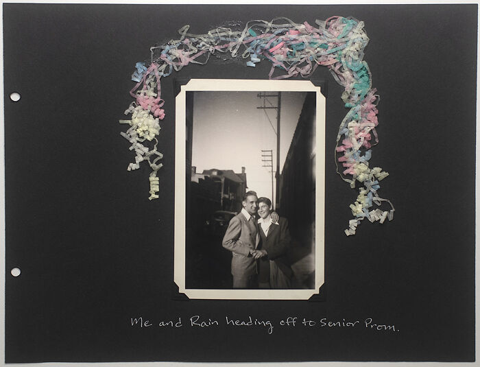 Vintage photo of a couple in formal attire, captioned for prom, from 'An Impossibly Normal Life'.
