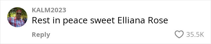 Condolence message for influencer's daughter, saying "Rest in peace sweet Elliana Rose," with 35.5K likes.