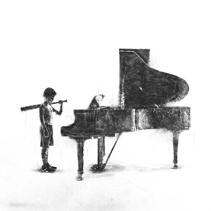 Child with a bat beside a grand piano, symbolizing modern madness in art.