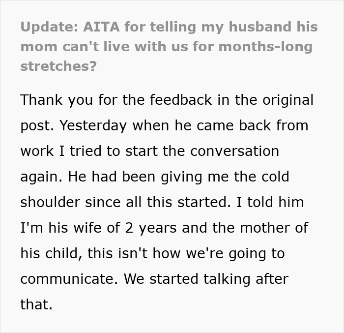 Text discussing mother-in-law's extended stay, with a focus on expectations and communication challenges. Text discussing mother-in-law's extended stay, with a focus on expectations and communication challenges.