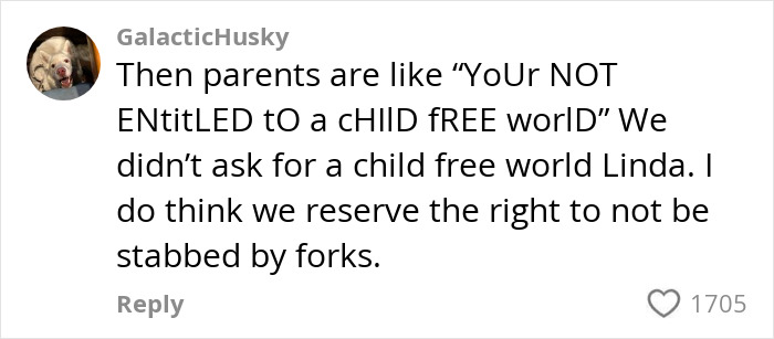 Comment about a passenger being stabbed by a child with a fork on a flight, highlighting parenting responsibility.