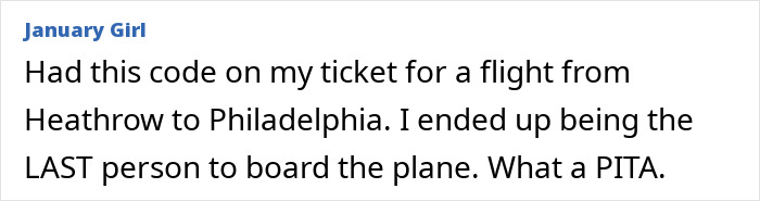 Passenger describes experience with 'SSSS' code on plane ticket, causing late boarding and travel delays. Passenger describes experience with 'SSSS' code on plane ticket, causing late boarding and travel delays.