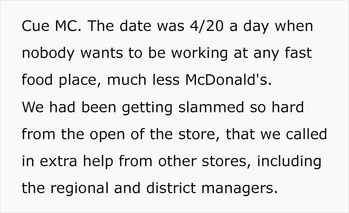 Text describing fast-food chaos as employee adheres to break policy.