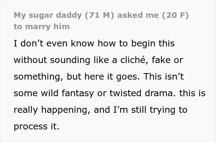 Text describing a sugar daddy's proposal, leaving the woman speechless.