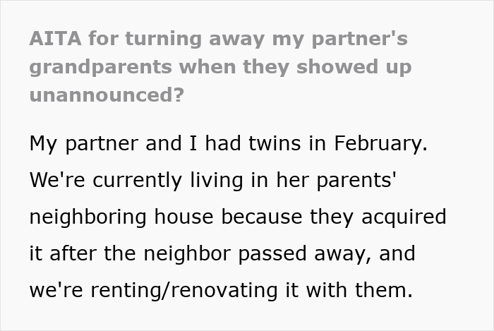 Text discussing a couple refusing surprise visits during their babies' nap, leading to in-law conflict. Text discussing a couple refusing surprise visits during their babies' nap, leading to in-law conflict.