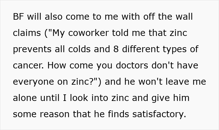 Text about woman's frustration with boyfriend's challenges to her medical expertise on zinc claims.