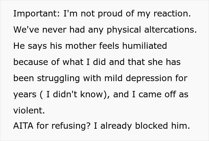 Text about personal reflection and blocking someone after an incident involving a mother's feelings and depression.