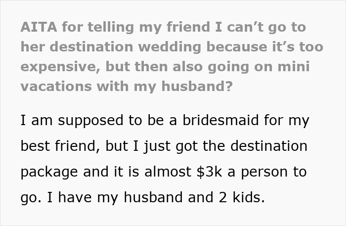 Screenshot of a post about choosing an affordable getaway with husband over an expensive wedding invitation.