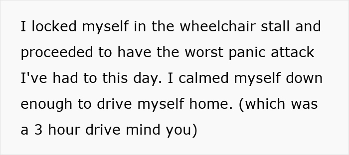 Text about a panic attack experience in a restroom, related to anxiety pills at a wedding event.