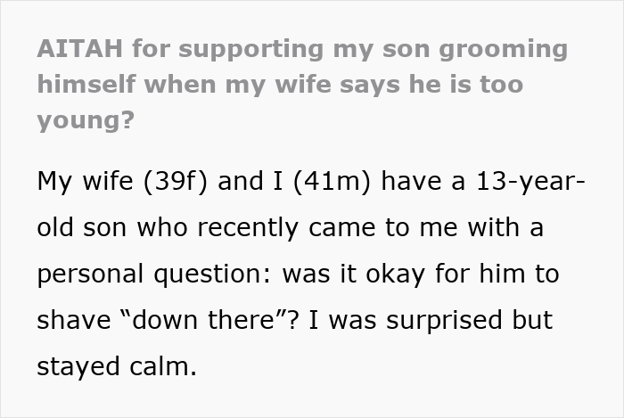 Son and father discussing grooming in a private setting, focusing on a sensitive and personal family drama conversation.