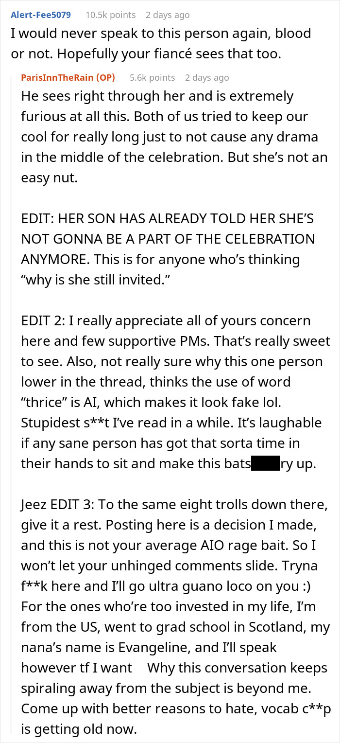 Reddit comment thread discussing MIL canceling son's honeymoon, including edits and responses.