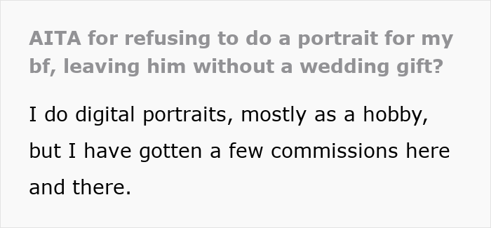 Text discussing refusal to draw a portrait, highlighting digital art as a hobby with occasional commissions.