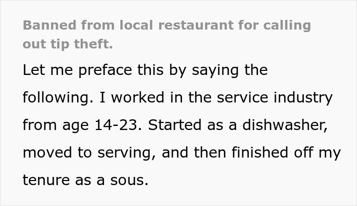 Text detailing a customer banned for exposing tip theft, discussing work history in the service industry. Text detailing a customer banned for exposing tip theft, discussing work history in the service industry.