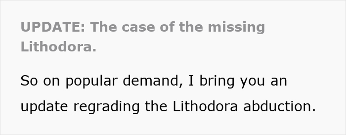 Text update about a Lithodora plant thief case, discussing new information regarding its disappearance.