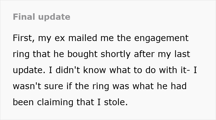 Text about an ex returning an engagement ring, unsure of marriage intentions. Text about an ex returning an engagement ring, unsure of marriage intentions.