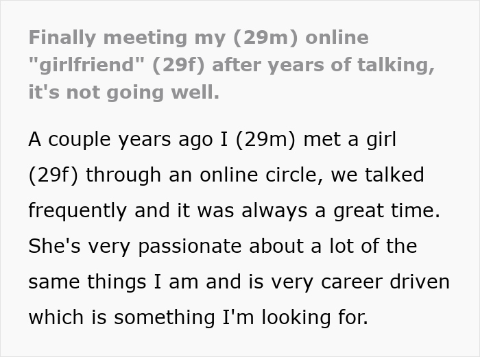 Man travels to meet long-distance girlfriend, encounter not going well.