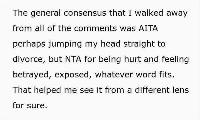Text expressing feelings about divorce and exposure; reflects on comments for perspective. Text expressing feelings about divorce and exposure; reflects on comments for perspective.