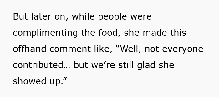 Text discussing a potluck, mentioning not everyone contributed but appreciation for attendance.