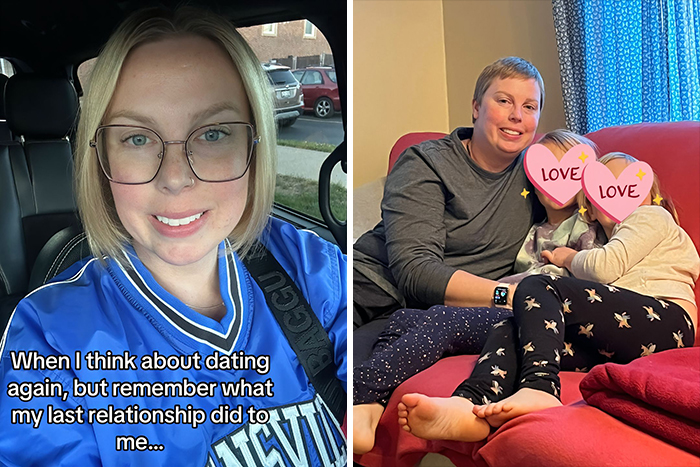 Woman smiling in a car next to her photo in a cozy setting with children, illustrating single vs. relationship life.