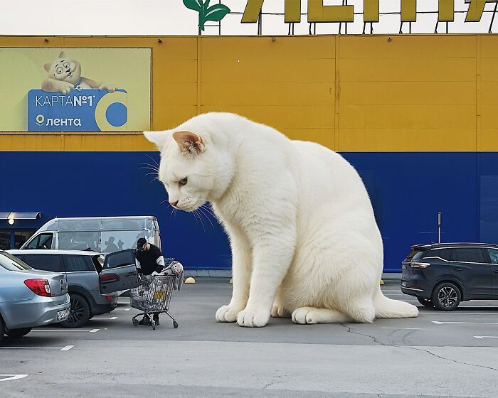 Giant cat Photoshopped into a parking lot scene, towering over cars and a person with a shopping cart.