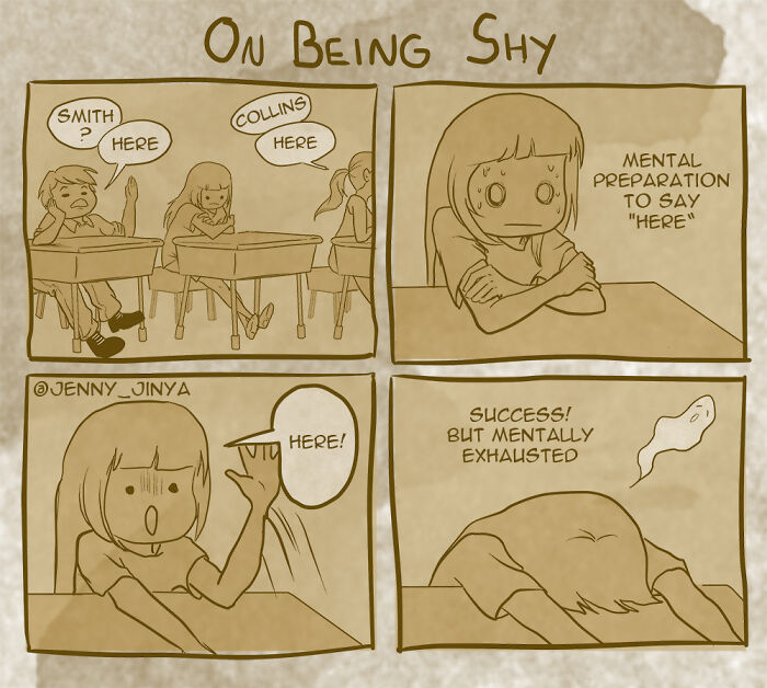 Shy student in class, mentally preparing to say "here" aloud, feeling exhausted in end. Relatable comics on everyday life.