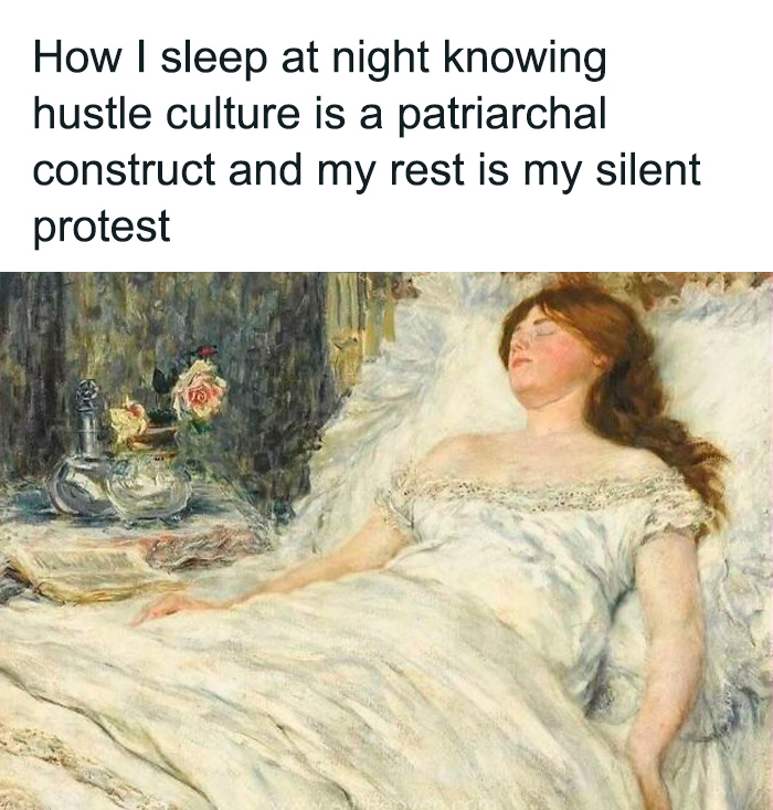 Woman peacefully sleeping, referencing anti-work sentiment against hustle culture and capitalism.
