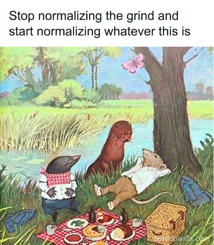 Animals relaxing at a picnic, highlighting anti-work lifestyle amidst nature.