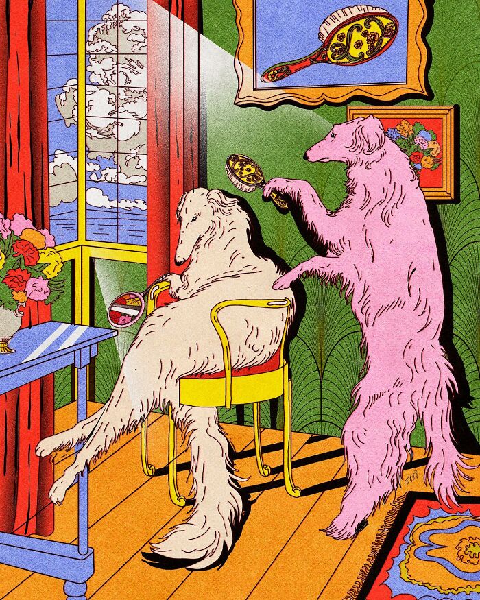 Colorful illustration by María Jesús Contreras featuring two dogs with brushes in a vibrant room.