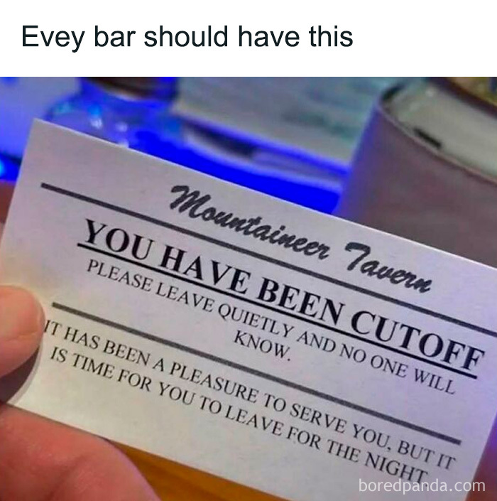 Funny meme showing a bar card reading "You have been cutoff" in humorous context for men.