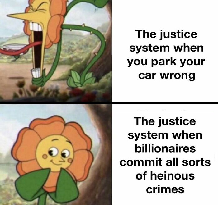 Cartoon flower illustrating inconsistency in justice system; harsh for minor offenses, lenient for billionaires' crimes.