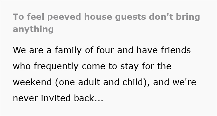 Text about family and friends feeling annoyed by guests not bringing gifts.