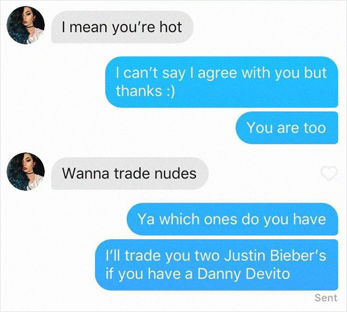 Funny and relatable meme text exchange with humorous celebrity reference and playful banter.