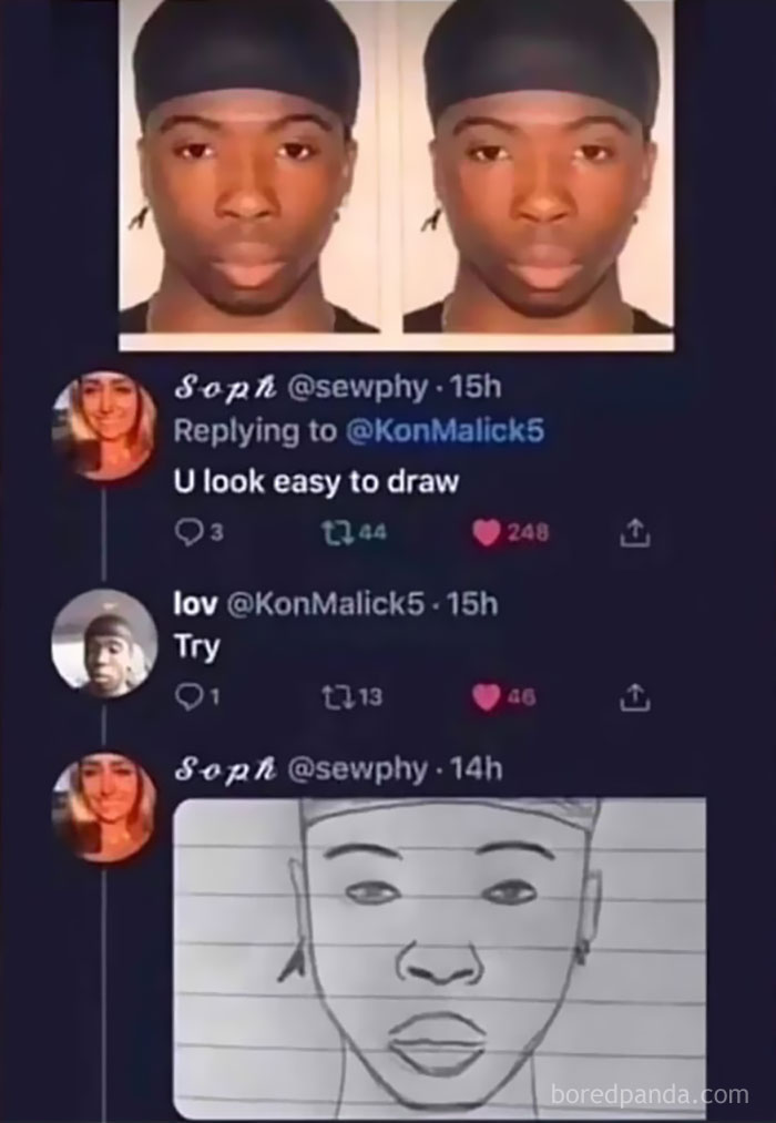 Funny Instagram post showing a sketch of a man, inspired by a humorous Twitter exchange about drawing.