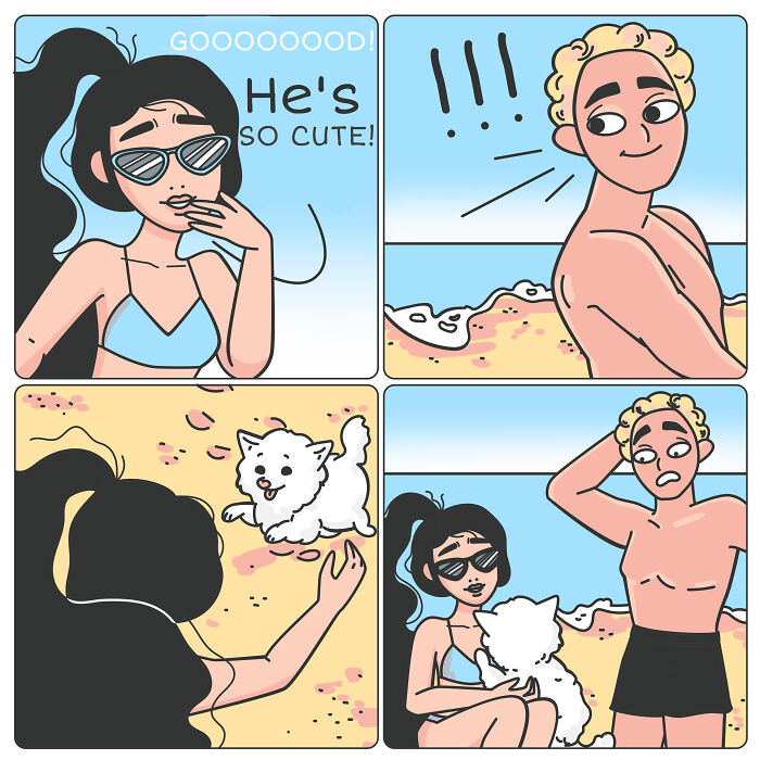 Comic panels showing a woman on the beach admiring a cute dog, then a man noticing the dog, and both interacting with it.