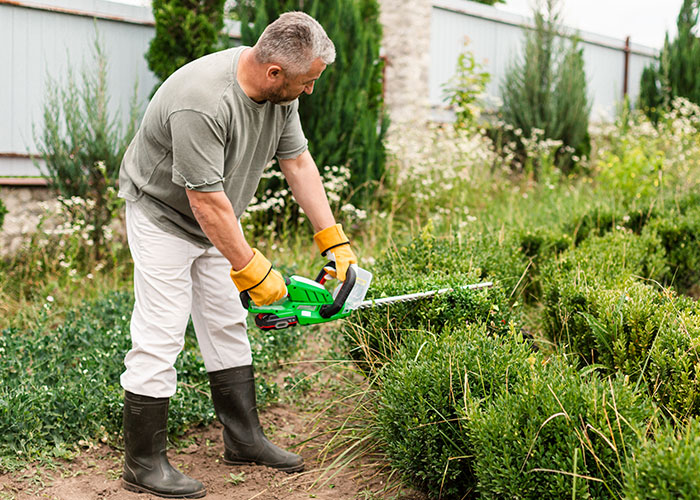 Man trimming hedges in garden, showcasing HOA landscaping rules compliance.
