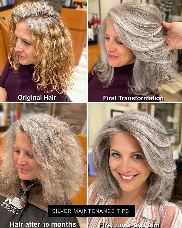 Woman embracing natural gray hair transformation over time, showing original and styled looks.