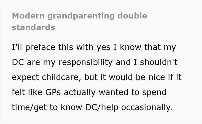 Text on modern grandparenting double standards discussing childcare expectations and involvement.