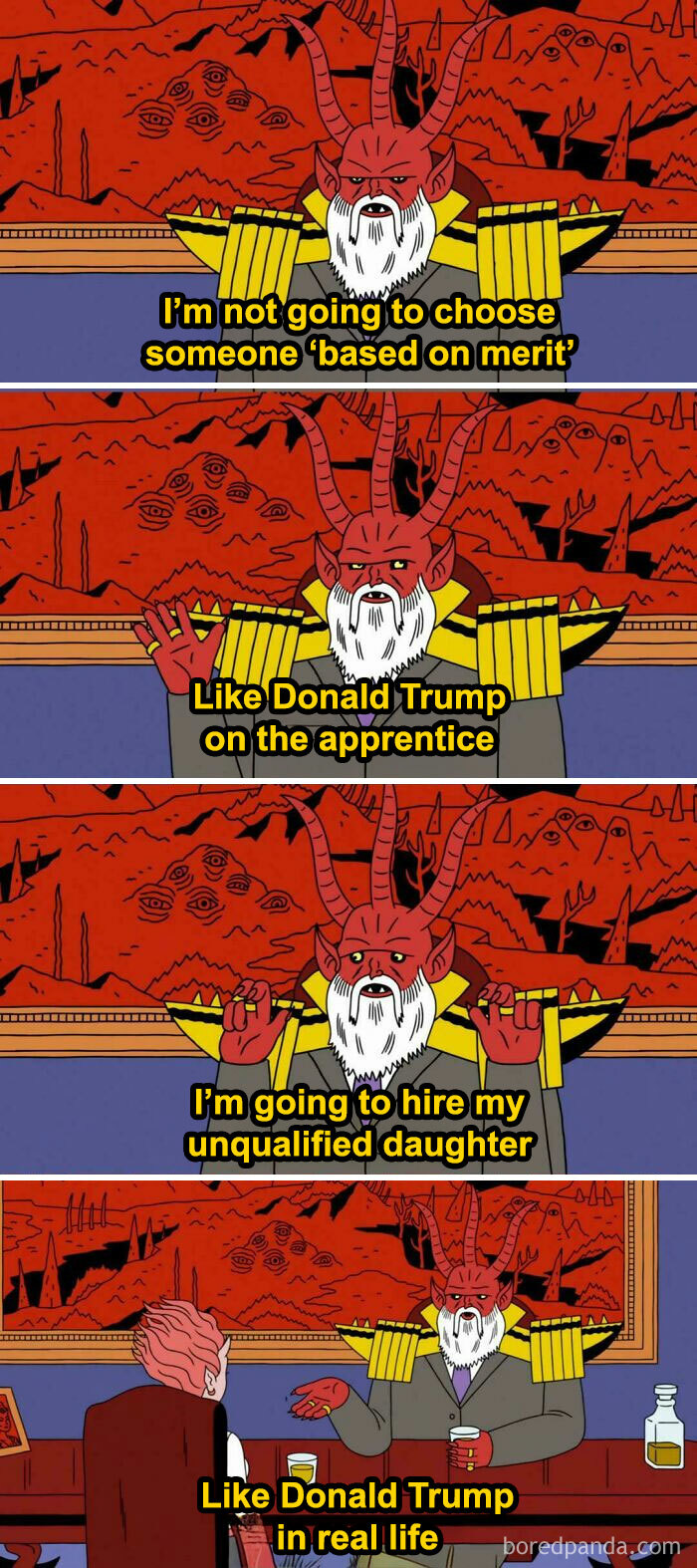 Cartoon devil discussing unqualified hiring, comparing it to real-life predictions and The Apprentice scenario.