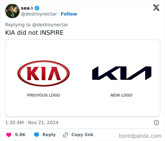 KIA logo redesign criticized online, showing a comparison of old and new logos.