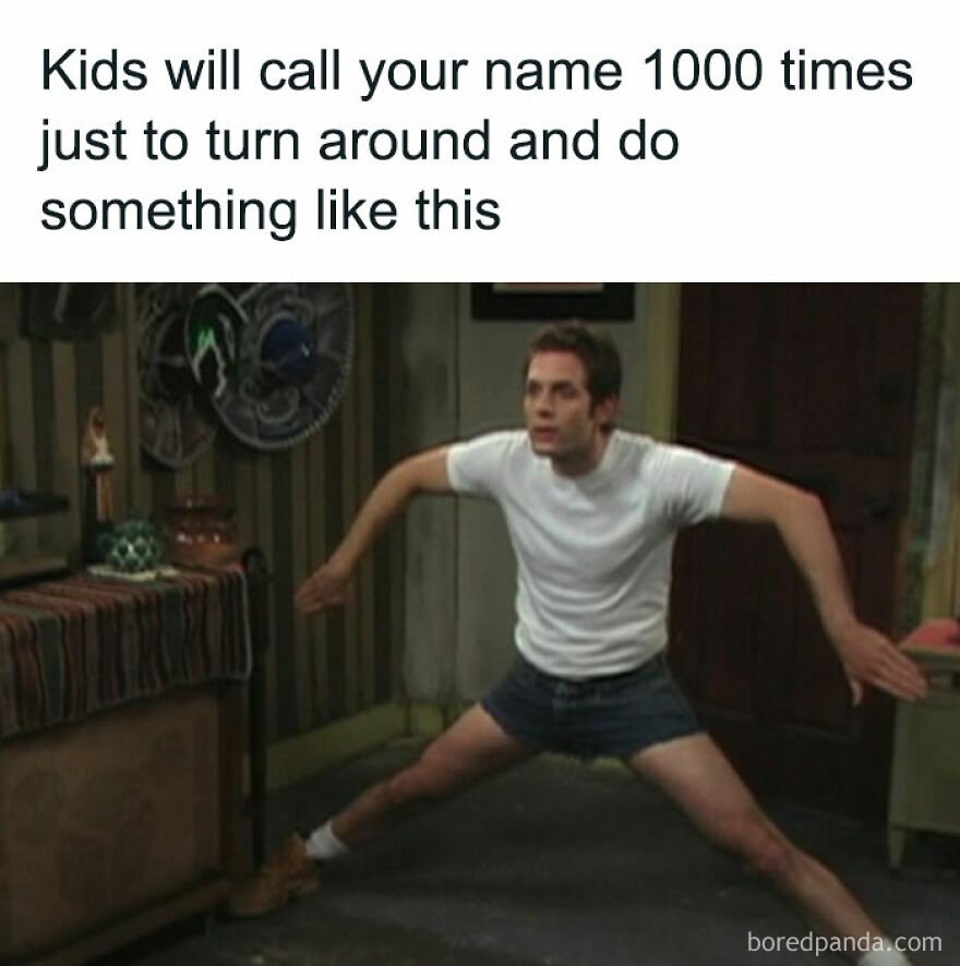 Man in a white shirt doing a dramatic pose, illustrating the madness of parenthood with humor.