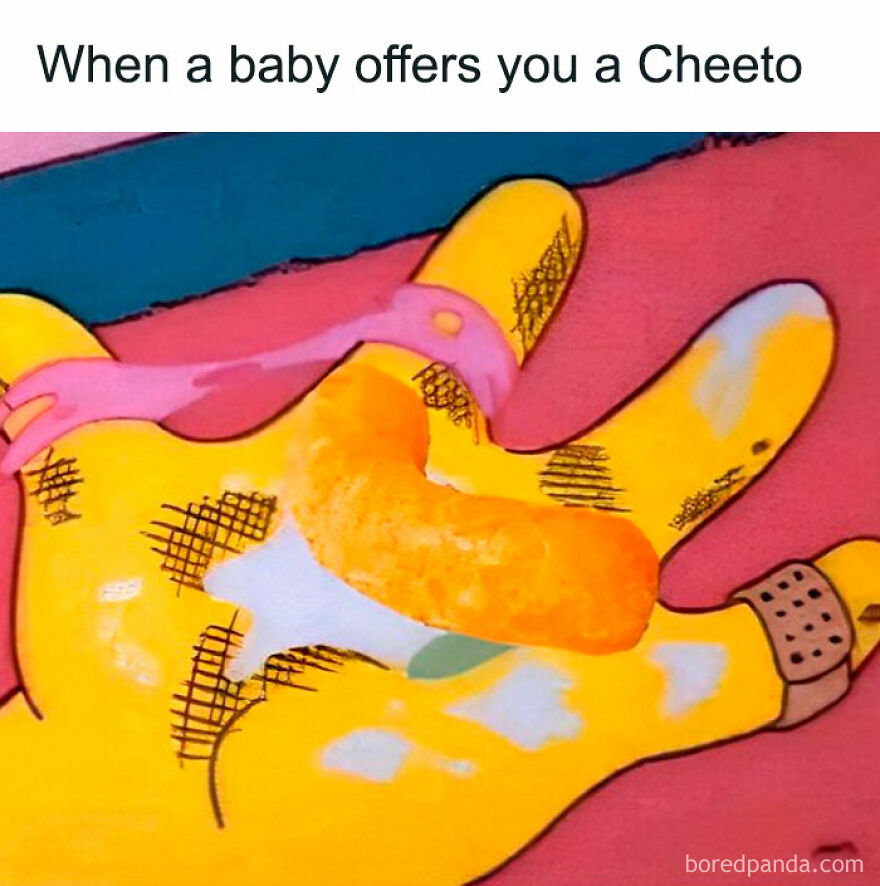 Cartoon hand holding a Cheeto, symbolizing the joy and madness of parenthood.