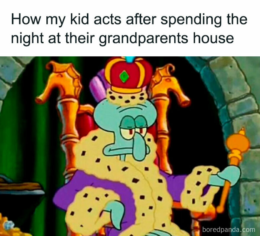 Cartoon character in royal attire, humorously depicting parenthood joys and struggles.