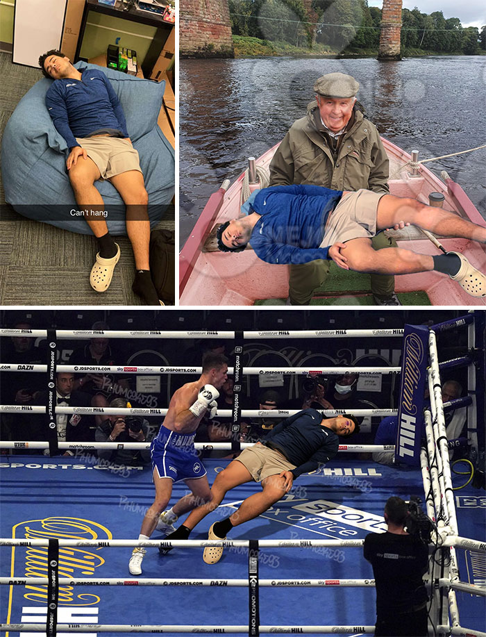 Man humorously edited into various scenes: sleeping on a beanbag, on a boat, and a boxing ring.