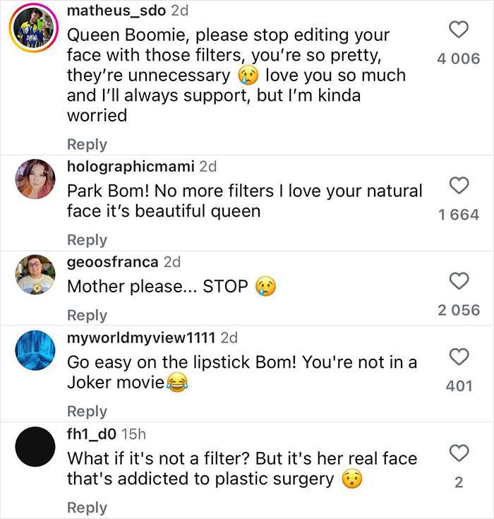 Comments expressing concern over K-Pop star's transformation amid plastic surgery rumors.