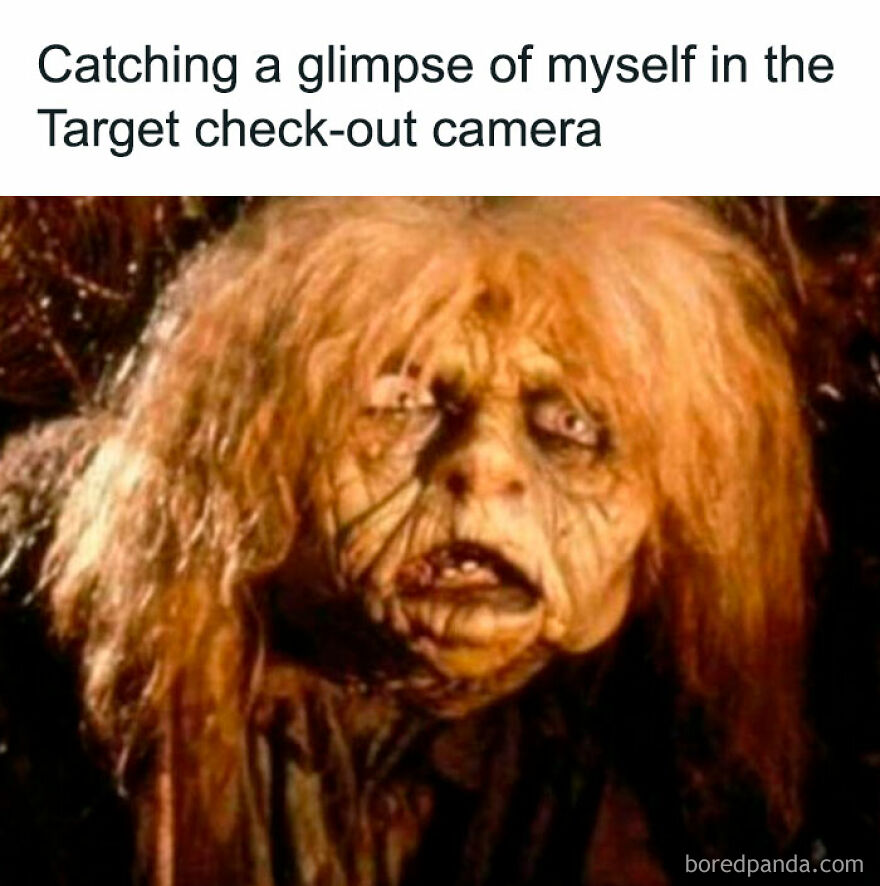 Parenthood meme humorously shows disheveled character labeled as a reflection in a Target checkout camera.