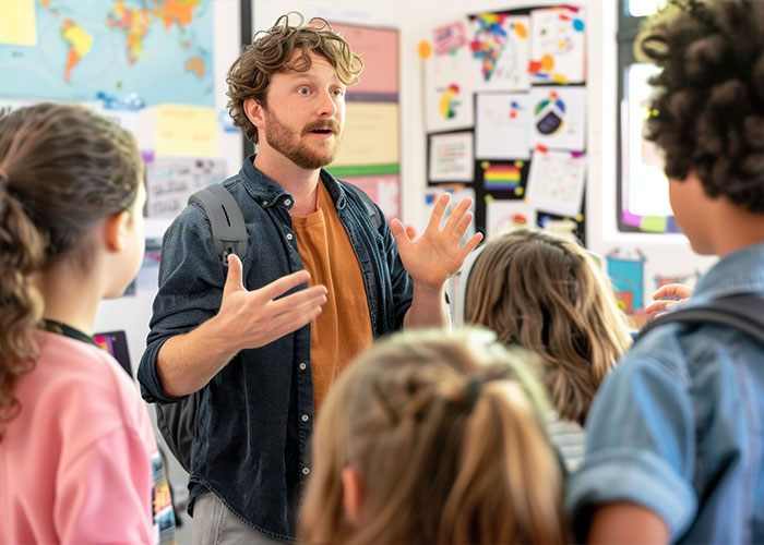 Man animatedly speaking to children, capturing unrealistic scenes and storytelling moments.