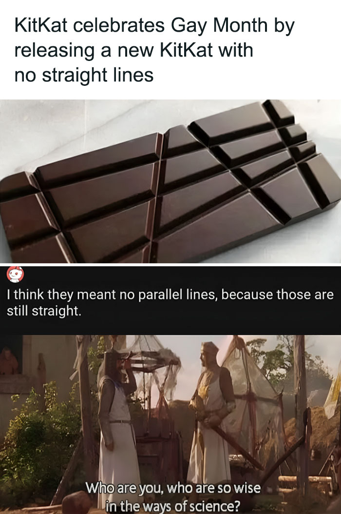 KitKat meme about physics humor with non-parallel lines, highlighting a witty take on science and geometry concepts.