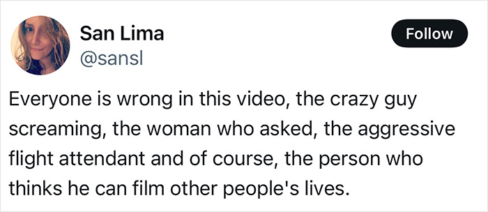 Tweet from San Lima criticizing behavior in video about flight delay, mentioning aggressive flight attendant and passenger filming.