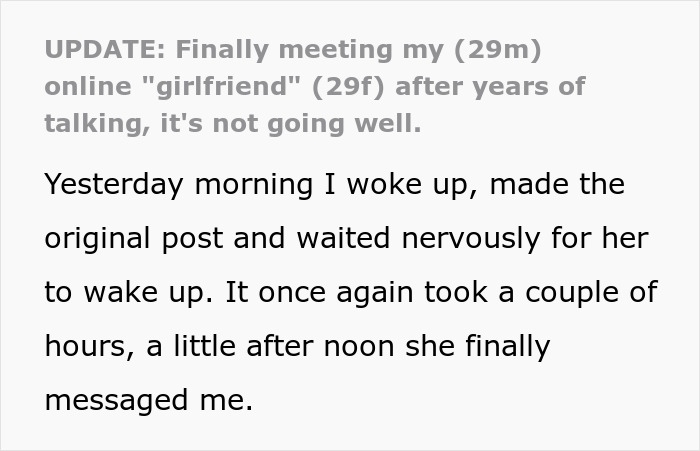 Text about meeting long-distance girlfriend not going well, detailing morning wait for her response after posting update.