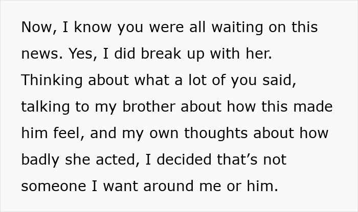 Text reading breakup decision after woman's actions upset boyfriend's brother. Text reading breakup decision after woman's actions upset boyfriend's brother.